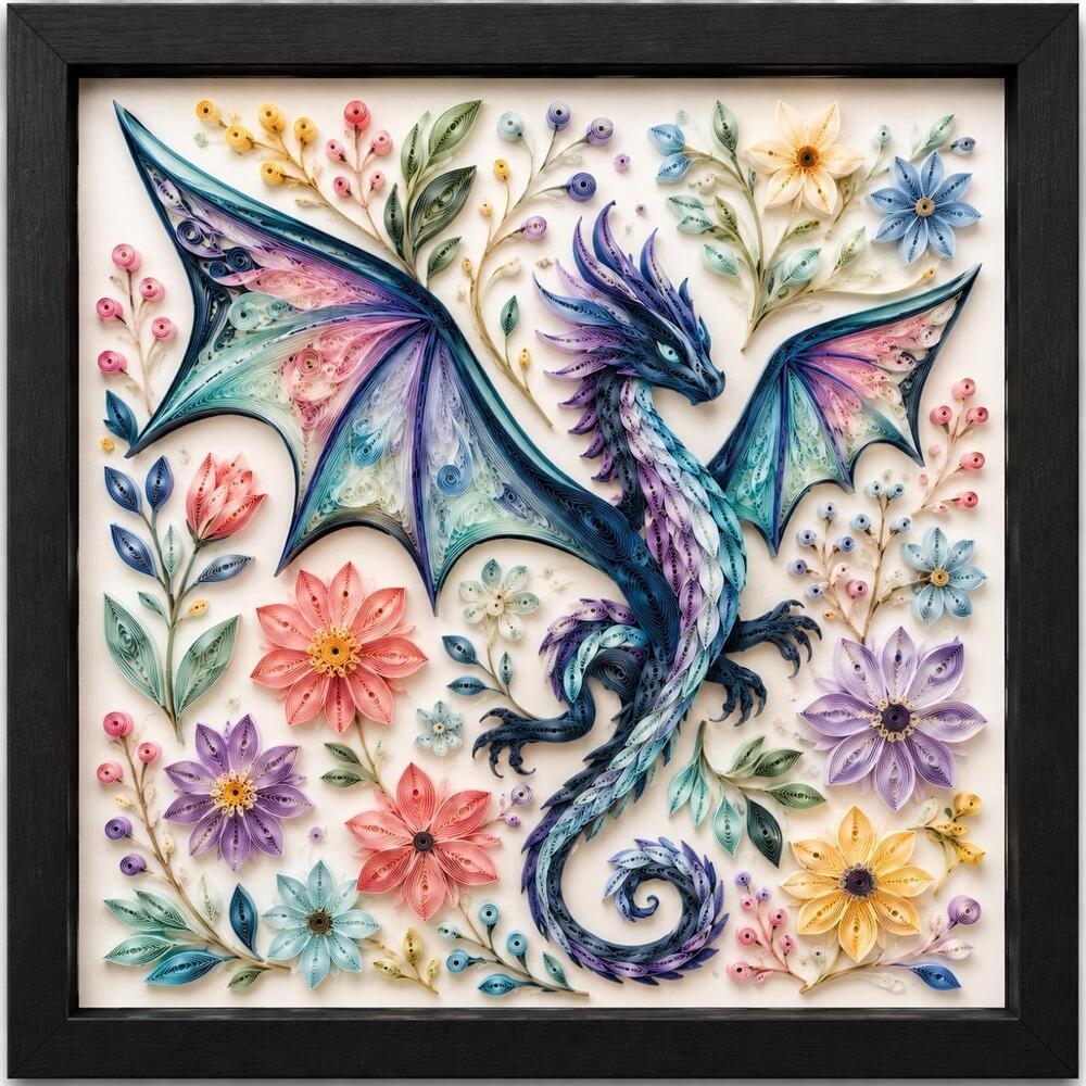 8x8 Black Framed Colorful Dragon Art Print – Floral Quill Style